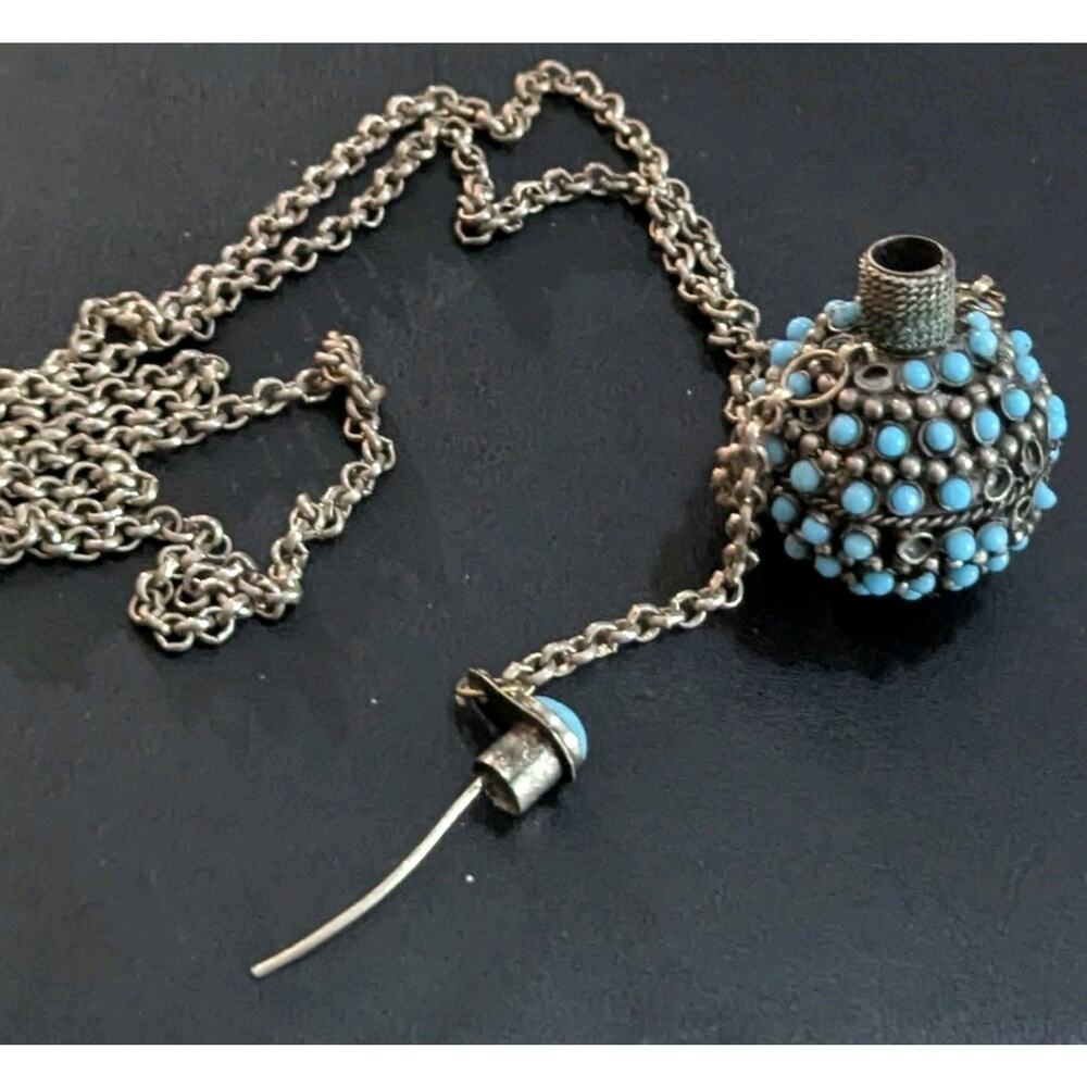 Vtg Turquoise Snuff Scent Bottle Necklace Tibetan Silver Perfume Poison Pendant - Picture 2 of 12
